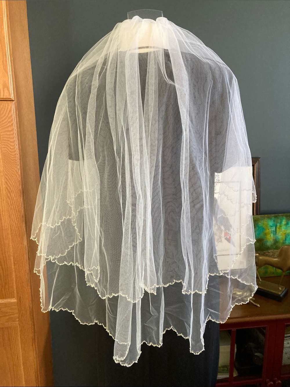 White Bridal Veil with Scalloped Edge - Blusher veil. 27” blusher 33” Veil